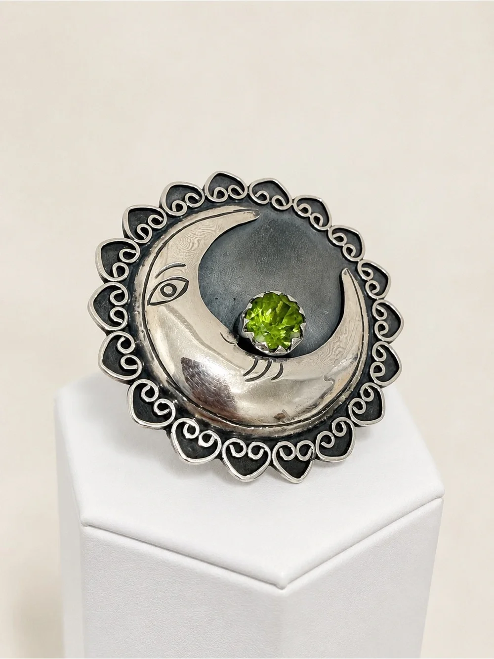 950 Sterling Silver Crescent Moon Ring with Peridot Stone